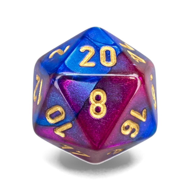 Gemini Blue-Purple & Gold d20, studio image