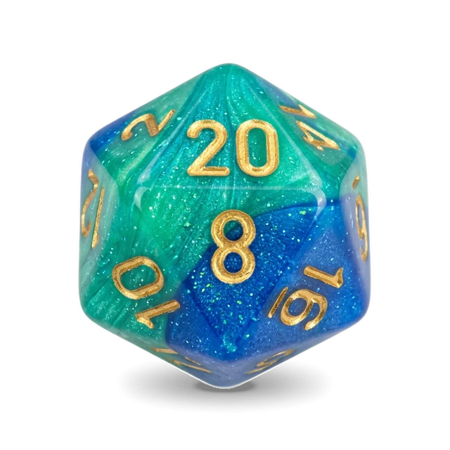 Gemini Blue-Teal & Gold d20, studio image