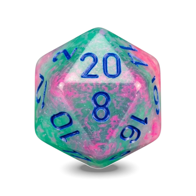 Gemini Gel Green-Pink & Blue d20, studio image