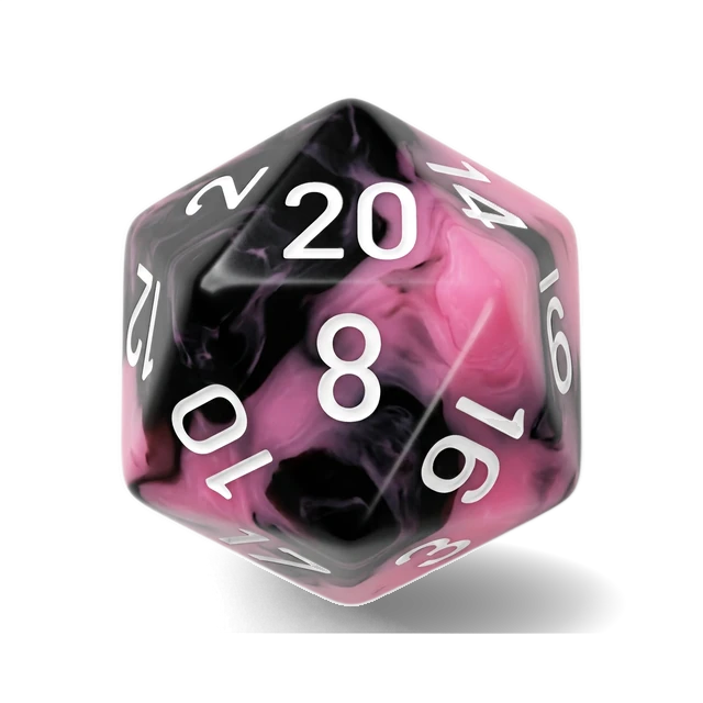 Gemini Pink-Black & White d20, studio image