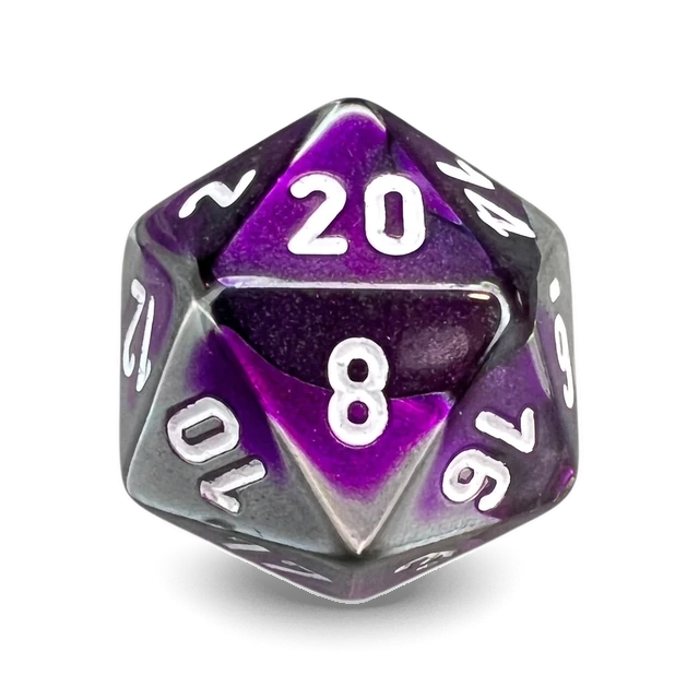 Gemini Purple-Steel & White d20, studio image