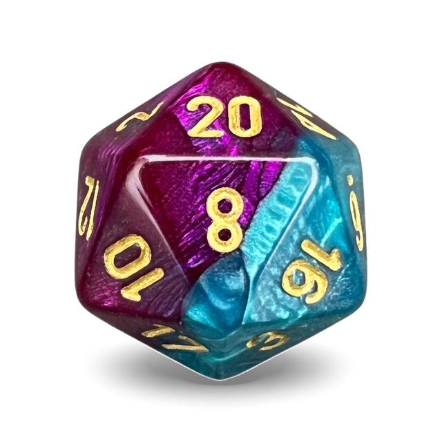 Gemini Purple-Teal & Gold d20, studio image