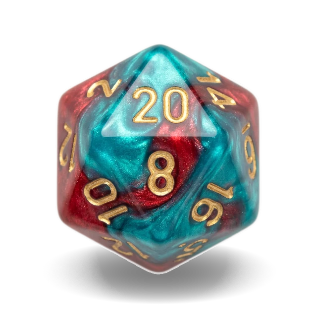 Gemini Red-Teal & Gold d20, studio image