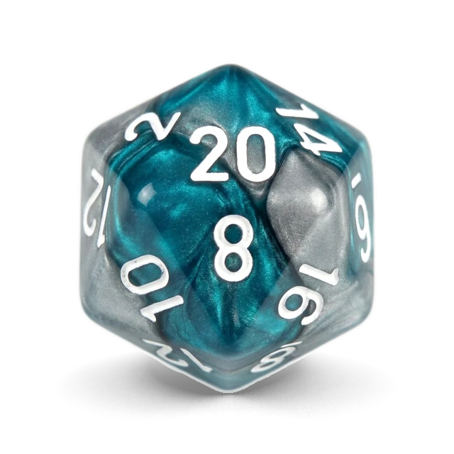 Gemini Teal-Steel & White d20, studio image