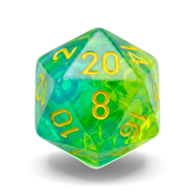 Gemini Translucent Green-Teal & Gold d20, studio image