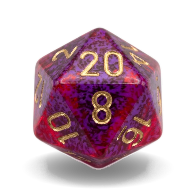 Gemini Translucent Red-Violet & Gold d20, studio image