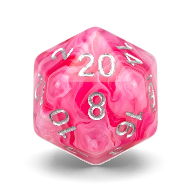 Ghostly Glow Pink & Silver d20, studio image