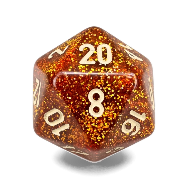 Glitter Gold & Silver d20, studio image