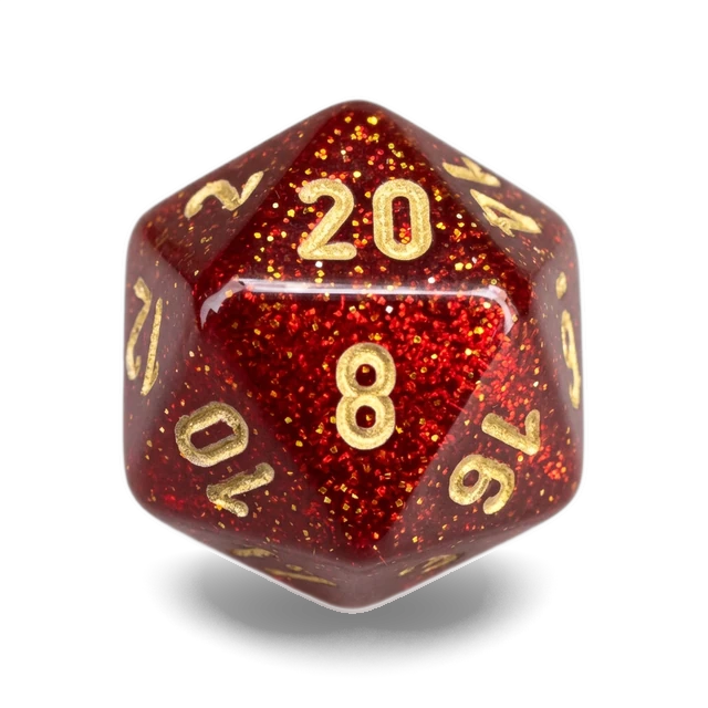 Glitter Ruby & Gold d20, studio image