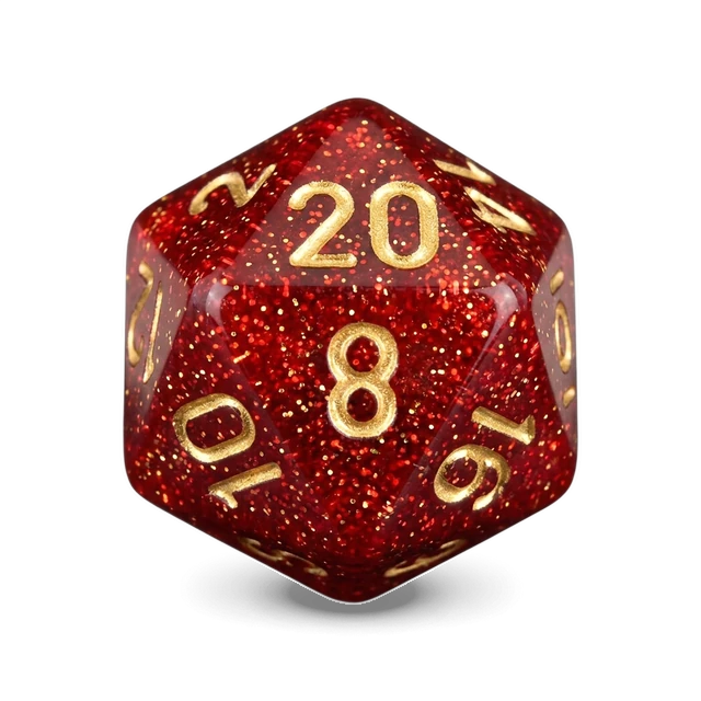 Glitter Ruby Red & Gold d20, studio image