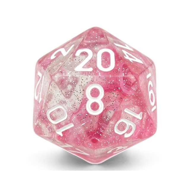 Lab Gemini Clear-Pink & White d20, studio image