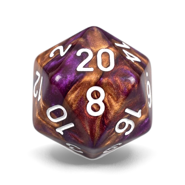 Lab Gemini Copper-Purple & White d20, studio image
