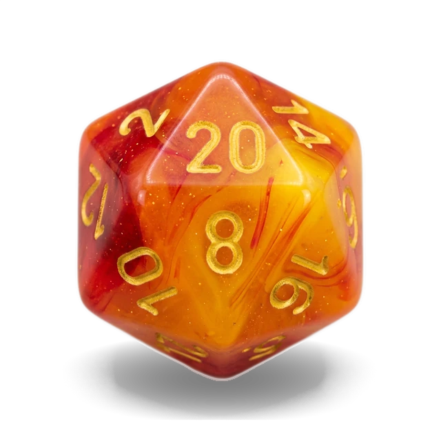 Lab Gemini Gellow Red & Yellow d20, studio image