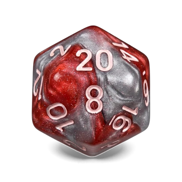 Lab Gemini Red-Steel & White d20, studio image