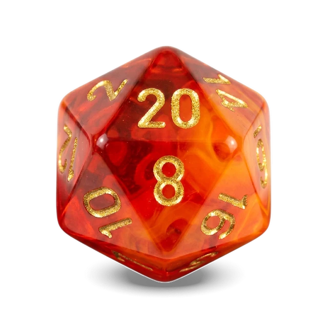 Lab Gemini Red-Yellow Translucent & Gold d20, studio image