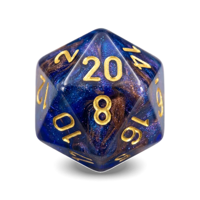Lab Lustrous Azurite & Gold d20, studio image
