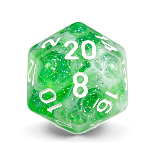 Lab Nebula Gelatinous Green & White d20, studio image