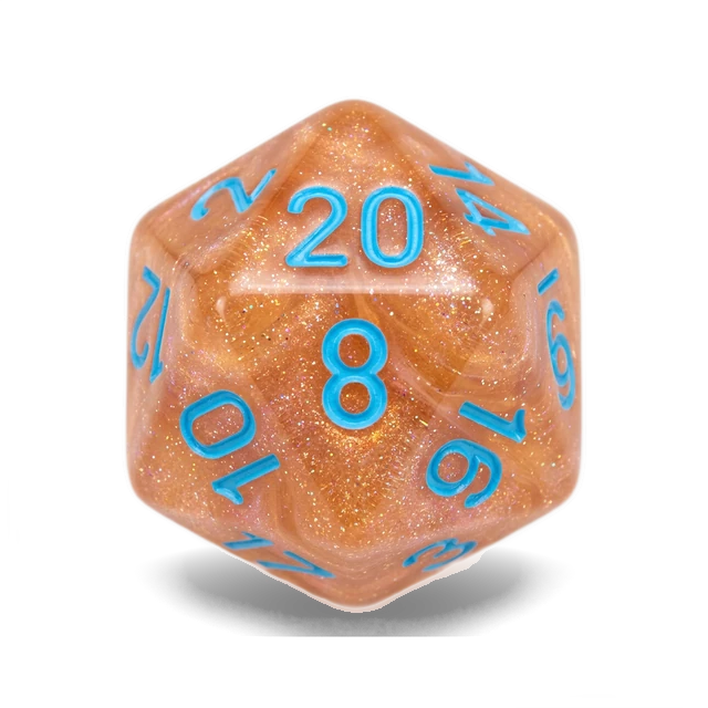 Lab Rose Gold & Light Blue d20, studio image