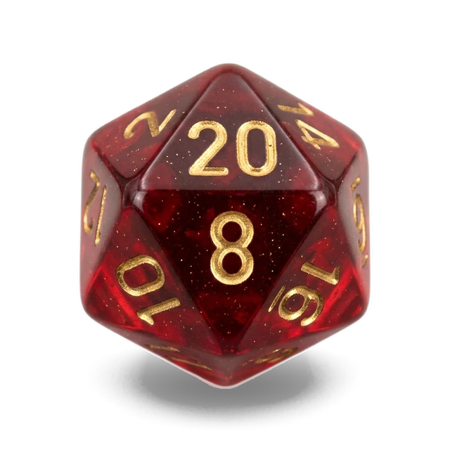 Lab Translucent Crimson & Gold d20, studio image