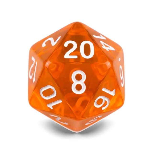 Lab Translucent Neon Orange & White d20, studio image