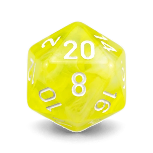Lab Translucent Neon Yellow & White d20, studio image