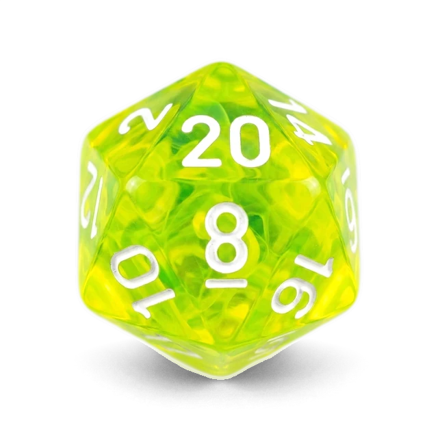 Lab Translucent Rad Green & White d20, studio image