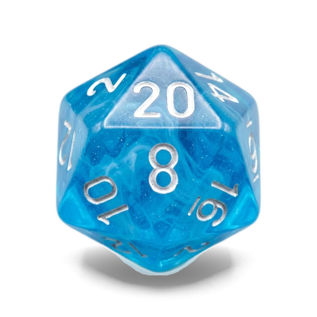 Lab Translucent Tropical Blue & White d20, studio image