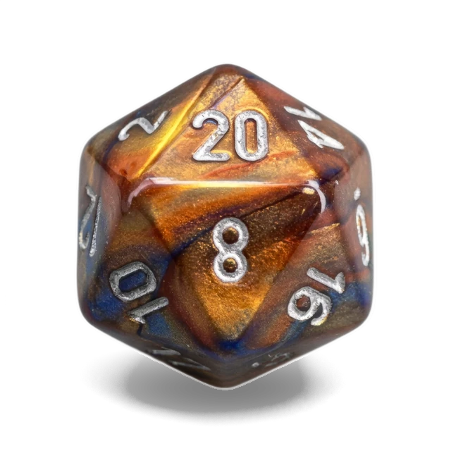 Lustrous Gold & Silver d20, studio image
