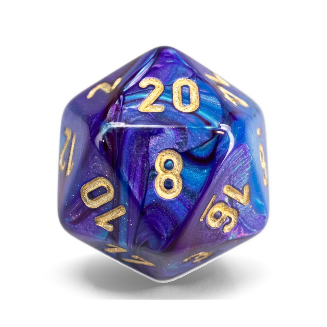 Lustrous Purple & Gold d20, studio image