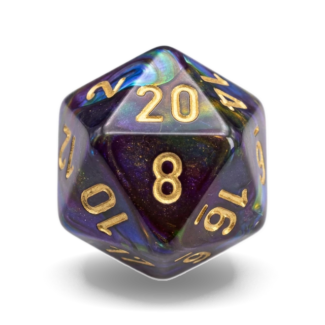 Lustrous Shadow & Gold d20, studio image