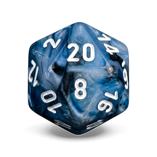 Lustrous Slate & White d20, studio image