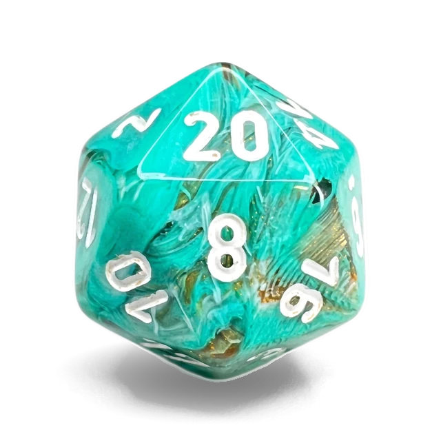 Marble Oxi-Copper & White d20, studio image
