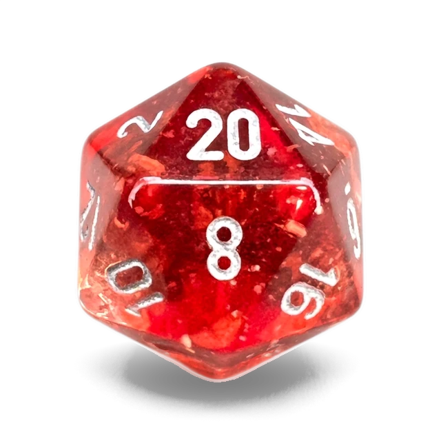 Nebula Red & Silver d20, studio image