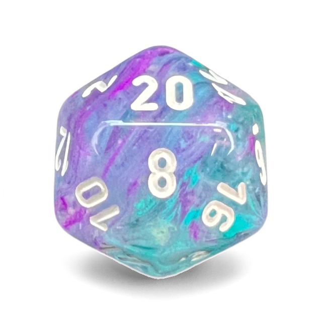 Nebula Wisteria & White d20, studio image