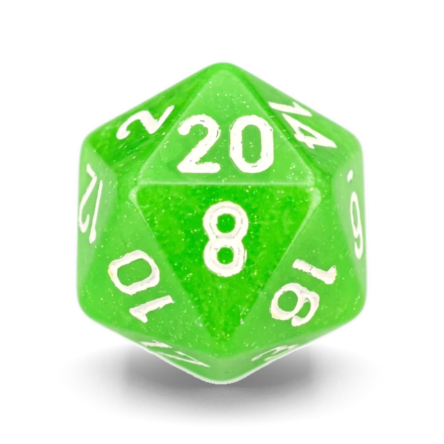 Opaque Green & White d20, studio image