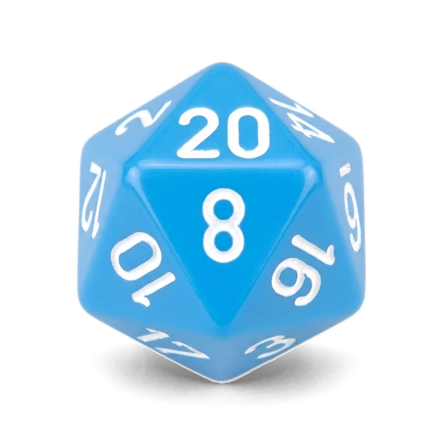 Opaque Light Blue & White d20, studio image