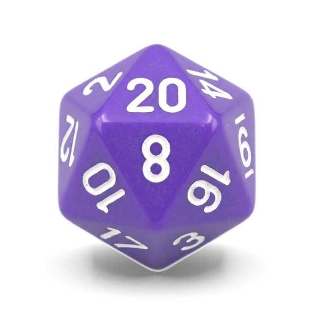 Opaque Purple & White d20, studio image