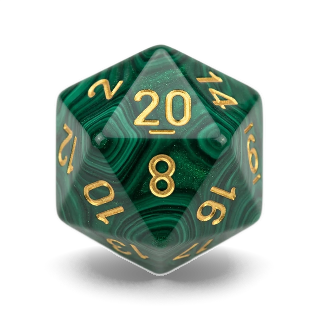 Scarab Jade Green & Gold d20, studio image