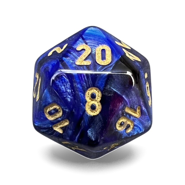 Scarab Royal Blue & Gold d20, studio image