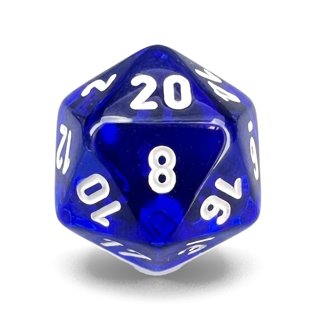 Translucent Blue & White d20, studio image