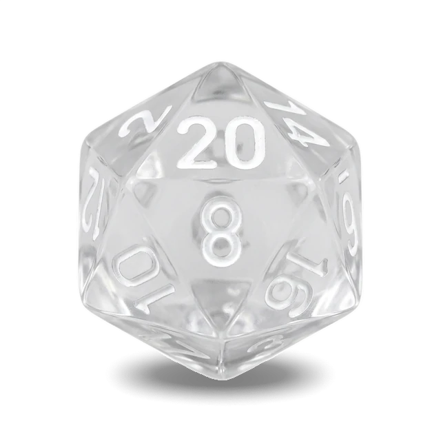 Translucent Clear & White d20, studio image