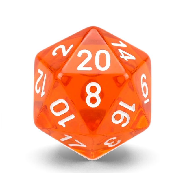 Translucent Orange & White d20, studio image