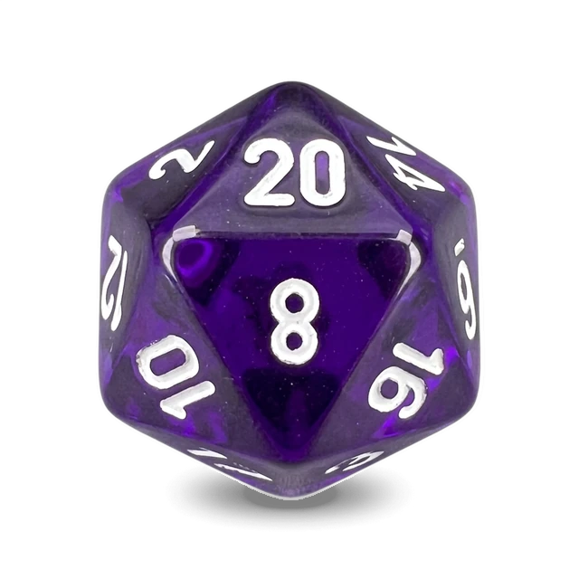 Translucent Purple & White d20, studio image