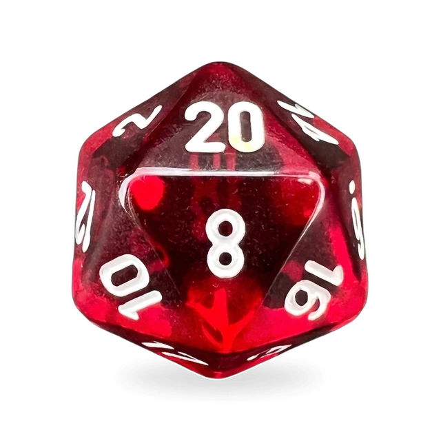 Translucent Red & White d20, studio image