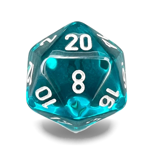 Translucent Teal & White d20, studio image