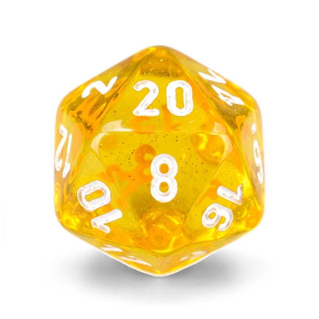 Translucent Yellow & White d20, studio image