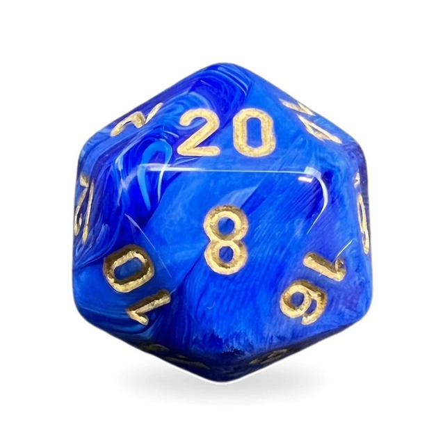 Vortex Blue & Gold d20, studio image