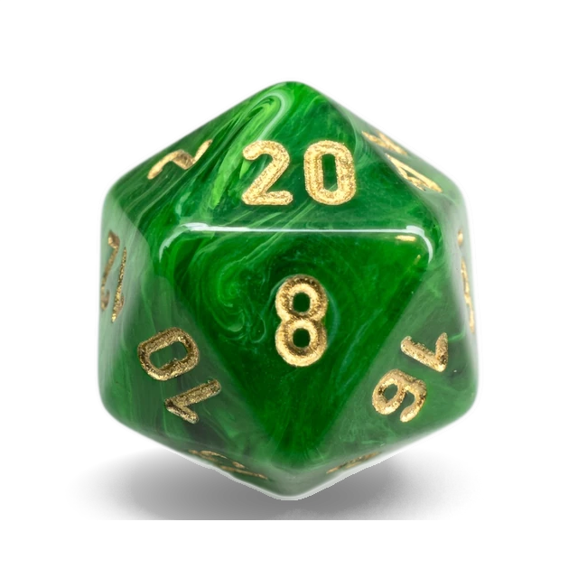 Vortex Green & Gold d20, studio image