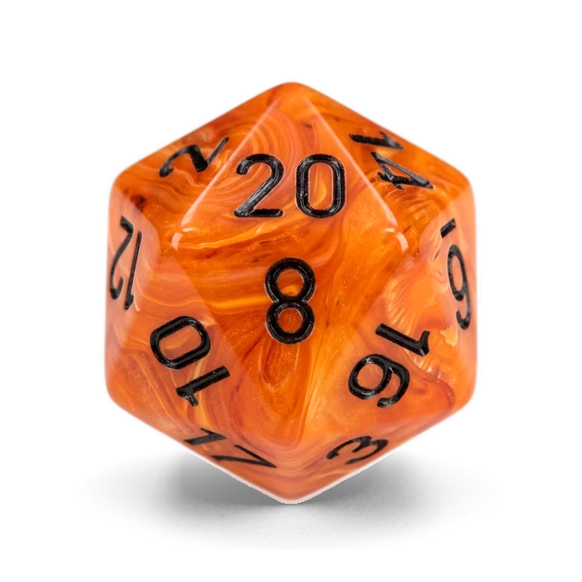 Vortex Orange & Black d20, studio image
