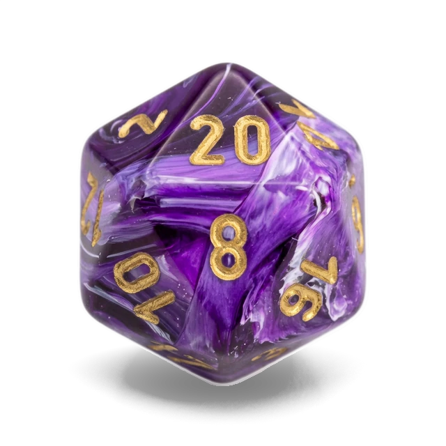 Vortex Purple & Gold d20, studio image